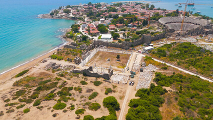 Side, Manavgat, Turkey. Medium aerial shot of Ancient Agora ruins with colonnades and Mediterranean...