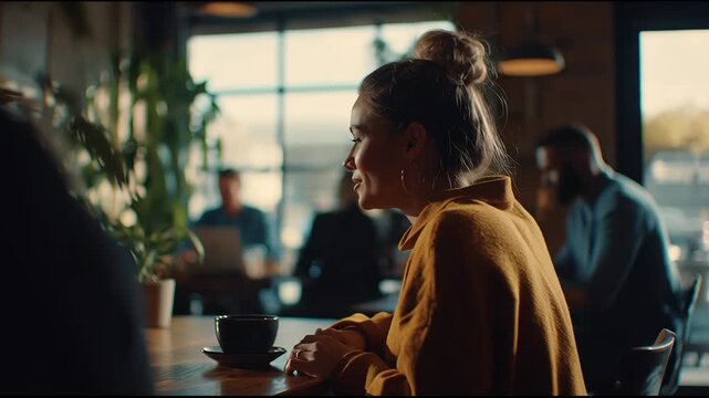 A woman with a bun sits at a cafe table with a coffee cup, talking to someone out of frame. Other patrons are in the background.