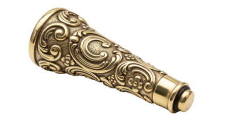 Ornate brass ferrule with intricate floral and scroll designs, isolated on transparent background the ferrule is a decorative and functional piece