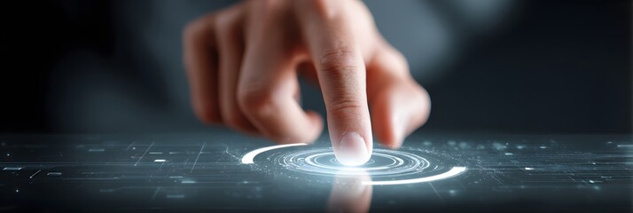 Finger approaching and pressing a futuristic illuminated button with a glowing effect, creating a sense of activation or initiation against a dark background, conveying technology, innovation, and...