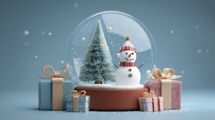 Christmas snow globe, christmas tree and snowman scene, gifts flat design front view North Pole theme 3D render.