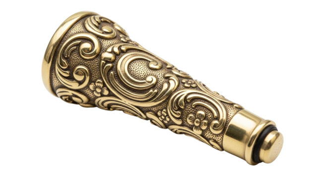 Ornate brass ferrule with intricate floral and scroll designs, isolated on transparent background the ferrule is a decorative and functional piece