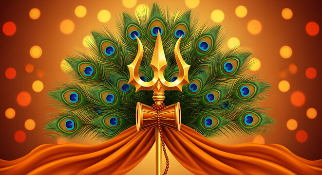 Datta Jayanti, trishul, peacock feather, saffron cloth, glowing background