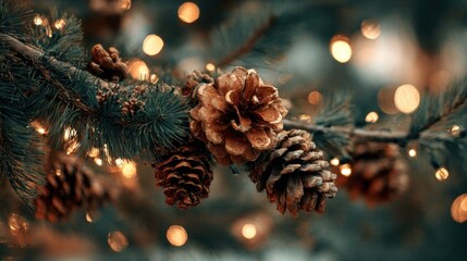 Christmas tree branch with pine cones and warm lights