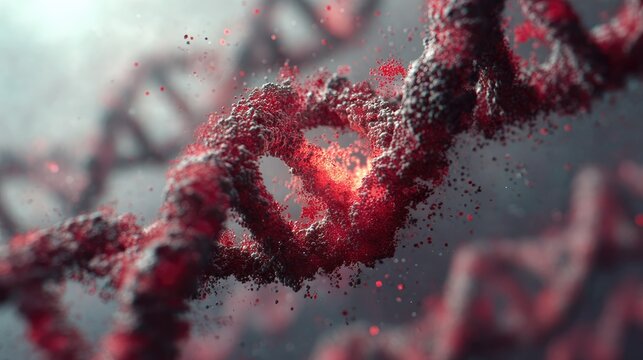 Abstract Representation of DNA Structure with Red Particles Floating - Powered by Adobe