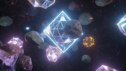 A cosmic field of asteroids and glowing geometric neon crystals floating in deep space. - Powered by Adobe