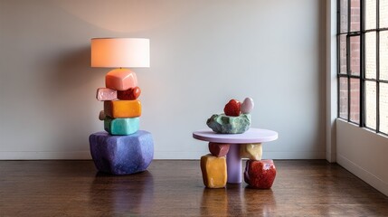 Colorful Minimalist Lamp and Table in Contemporary Interior Setting