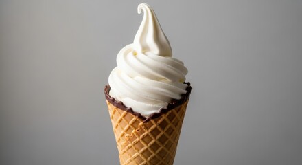 Delicious creamy soft serve ice cream cone against a soft studio background perfect for summer treats