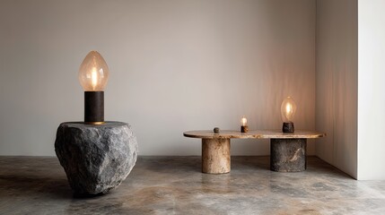 Unique Lighting Design Featuring Stone and Wood Elements in Minimalist Space