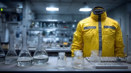 A yellow protective suit stands in a science laboratory setting with various glassware on display