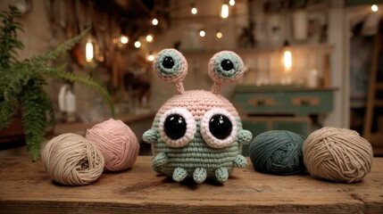 Cute Colorful Crochet Creature with Big Eyes and Yarn in Background