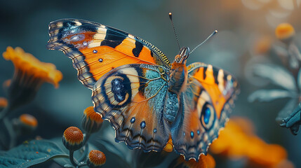 A colorful butterfly perched on a flower with intricate patterns