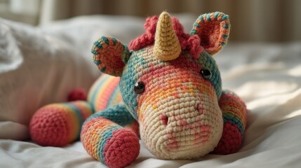 Colorful crocheted unicorn plush toy on soft bed linens