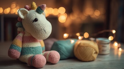 Adorable Crocheted Unicorn Toy with Yarn in Cozy Background Setting
