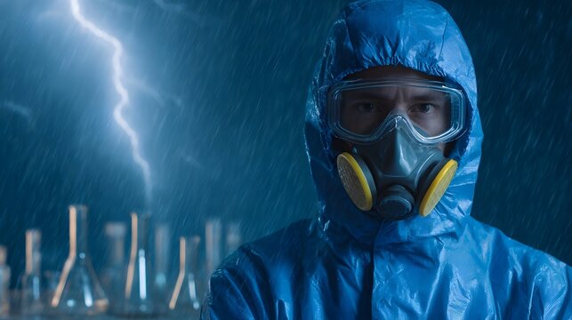 Person in blue hazmat suit respirator and goggles in a stormy laboratory with lightning