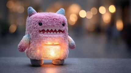 Cute plush toy monster with glowing light in a cozy setting