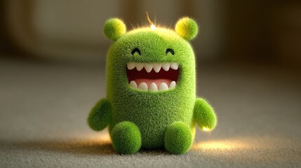Cute and Playful Green Plush Toy with Happy Expression and Glow