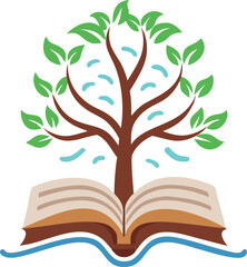 A tree growing from an open book with flowing water nearby