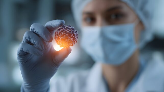 A researcher in a lab coat and mask carefully holds a bright spherical microscopic particle glowing with internal light