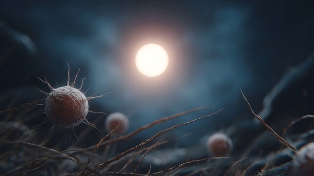 Microscopic spiky organisms illuminated by a bright orb in a dark atmospheric setting