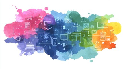 Network flat design top view theme information technology water color vivid.