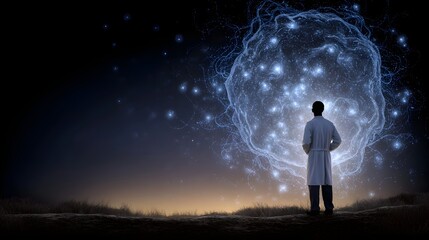 Fototapeta premium Scientist observes glowing abstract cell in starlit sky representing scientific discovery and research concepts
