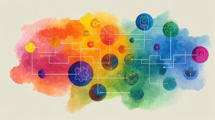 Network flat design top view theme information technology water color vivid.