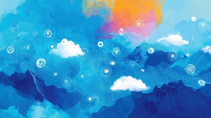 Network flat design top view theme information technology water color vivid.