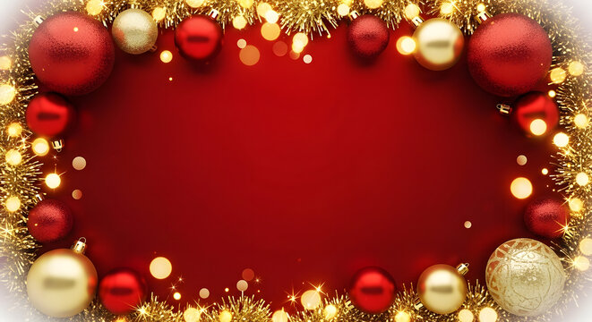 A festive red background with golden tinsel, sparkling lights, and red and gold Christmas ornaments creating an oval frame. - Powered by Adobe