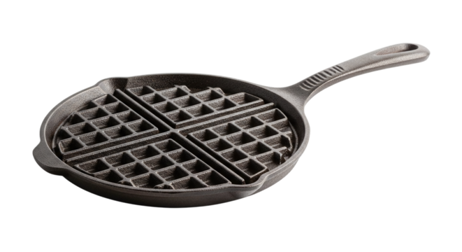 Closeup of a cast iron waffle iron pan with handle, isolated on transparent background