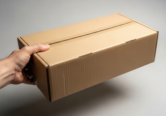 Hand holding closed cardboard box package delivering shipping logistics e-commerce delivery service