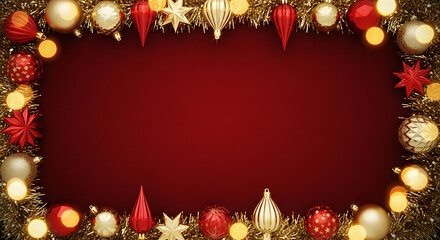 A festive Christmas border made of golden tinsel, red and gold ornaments, and warm bokeh lights frames a deep red background.