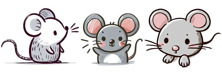 Fototapeta premium Three cartoon mice with different poses and expressions on a transparent background png