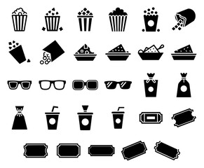 cinema movie theater vector set. black silhouette of popcorn, glasses, ticket, drink symbols