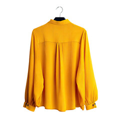 Golden blouse on a hanger, back view, against black backdrop