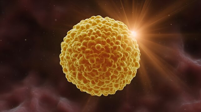 A detailed textured yellow virus particle glows brightly against a dark background with light rays