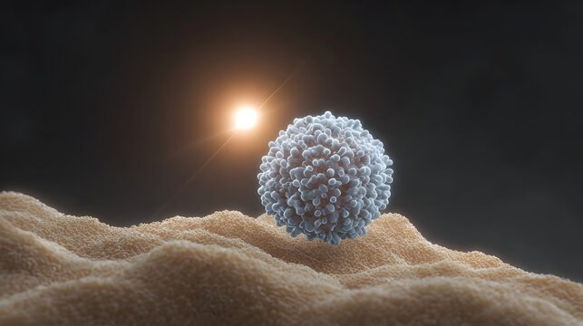 Microscopic view of a spherical virus particle illuminated by a bright light source on a textured surface