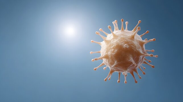 A microscopic virus particle with spiky protein spikes floats against a bright blue sky with a luminous sun