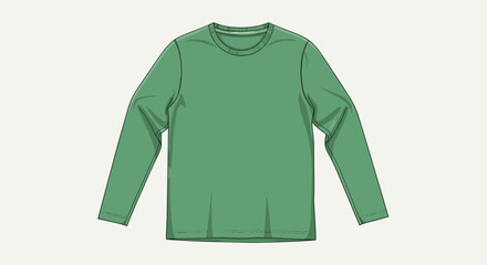 Flat fashion illustration of a long-sleeved green t-shirt, presented as a vector graphic with clean lines and subtle shading, perfect for apparel design mockups and fashion templates.
