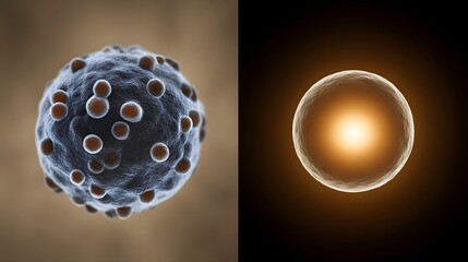 Fototapeta premium Side by side comparison of a complex textured microbe and a luminous glowing cell rendered in microscopic detail