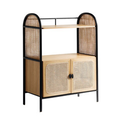 Wicker cabinet with shelf, black metal frame, light wood