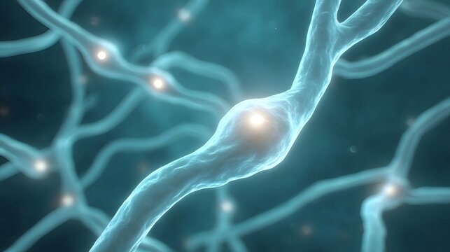 Abstract visualization of glowing neurons and their interconnected network illustrating neural pathways and biological communication