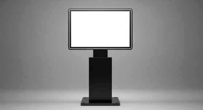 Modern digital display kiosk with a blank white screen for custom content on a subtle gray backdrop