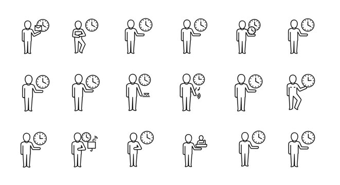 Set of 15 thin line icons depicting a full-body user interacting with a clock, symbolizing time management, deadlines, and scheduling. Perfect for apps, websites, and graphic design projects