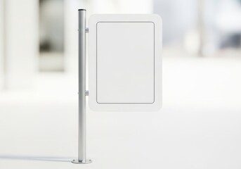 Blank white signage on a silver pole in a clean bright modern environment mockup