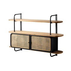 Shelf unit wood shelves, cane doors, black metal frame