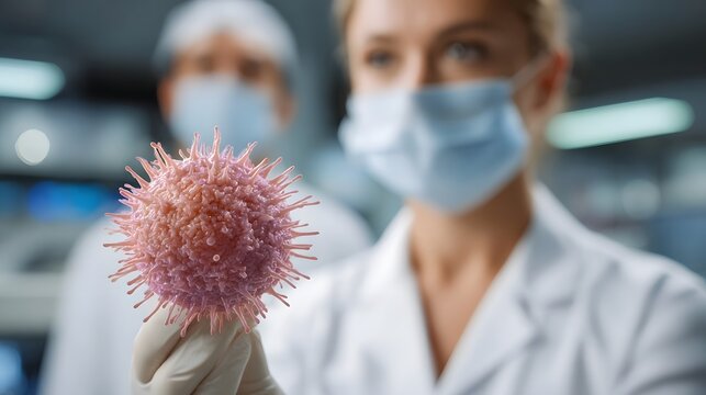 Scientists analyze a detailed virus model within a sterile laboratory signifying medical research and health innovation