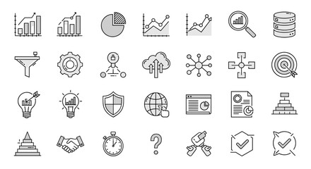 Set of data analytics icons in a linear style, including charts, graphs, magnifying glass, database, funnel, gear, cloud upload, network, target, lightbulb ideas, shield, globe, document, pyramid