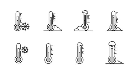 Set of minimalistic line icons representing thermometers indicating cold temperatures, featuring snowflakes and frost, suitable for web design, app interfaces, social media, and graphic elements