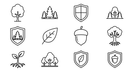 Collection of nature-themed line icons, including various trees, a seedling, an acorn, a leaf, and shield emblems symbolizing protection and environmental conservation, perfect for graphic design